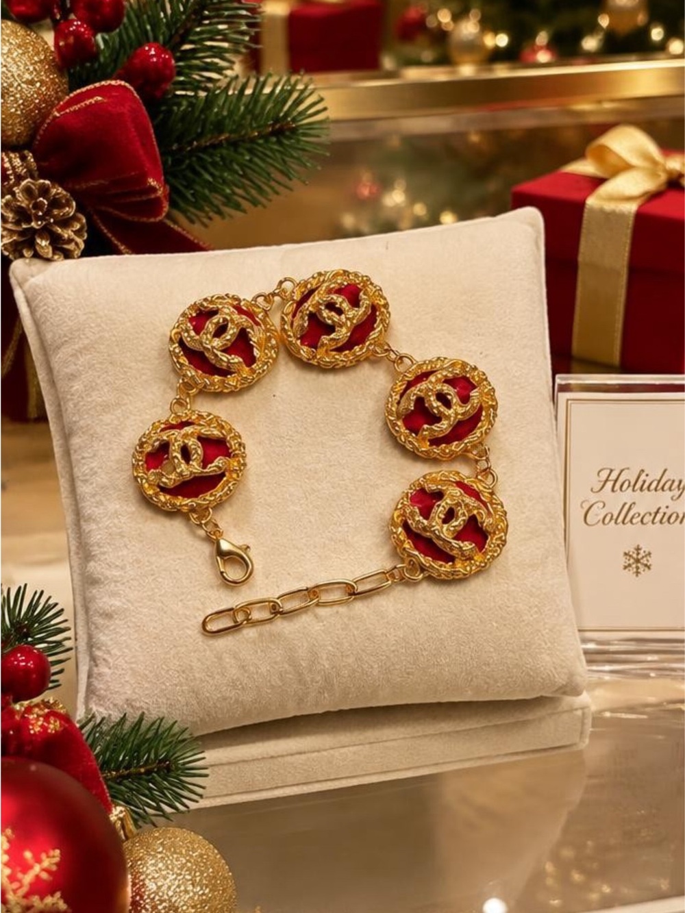 CHANEL Beaute VIP Gift Holiday Edition Gold Logo Red  Medallion Bracelet